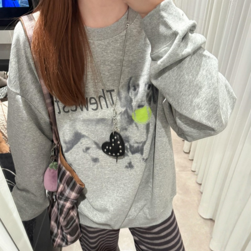 【现货】灰色印花圆领卫衣女2025秋季新款慵懒风宽松美式纯棉上衣