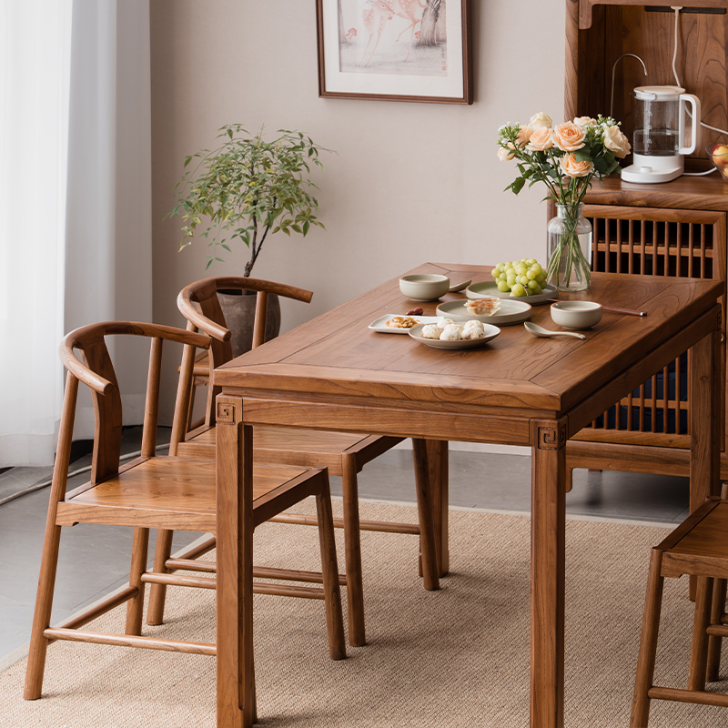 溪木工坊新中式实木餐桌家用长方形简约桌子小户型老榆木桌椅组合-封面