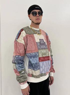 SSTD秋冬个性美潮拼色腰果花套头拼接街头潮流宽松嘻哈百搭卫衣