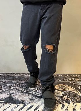 SSTD春秋夏雪牛仔裤水洗做旧美式破洞直筒修身显瘦潮流男牛仔裤子