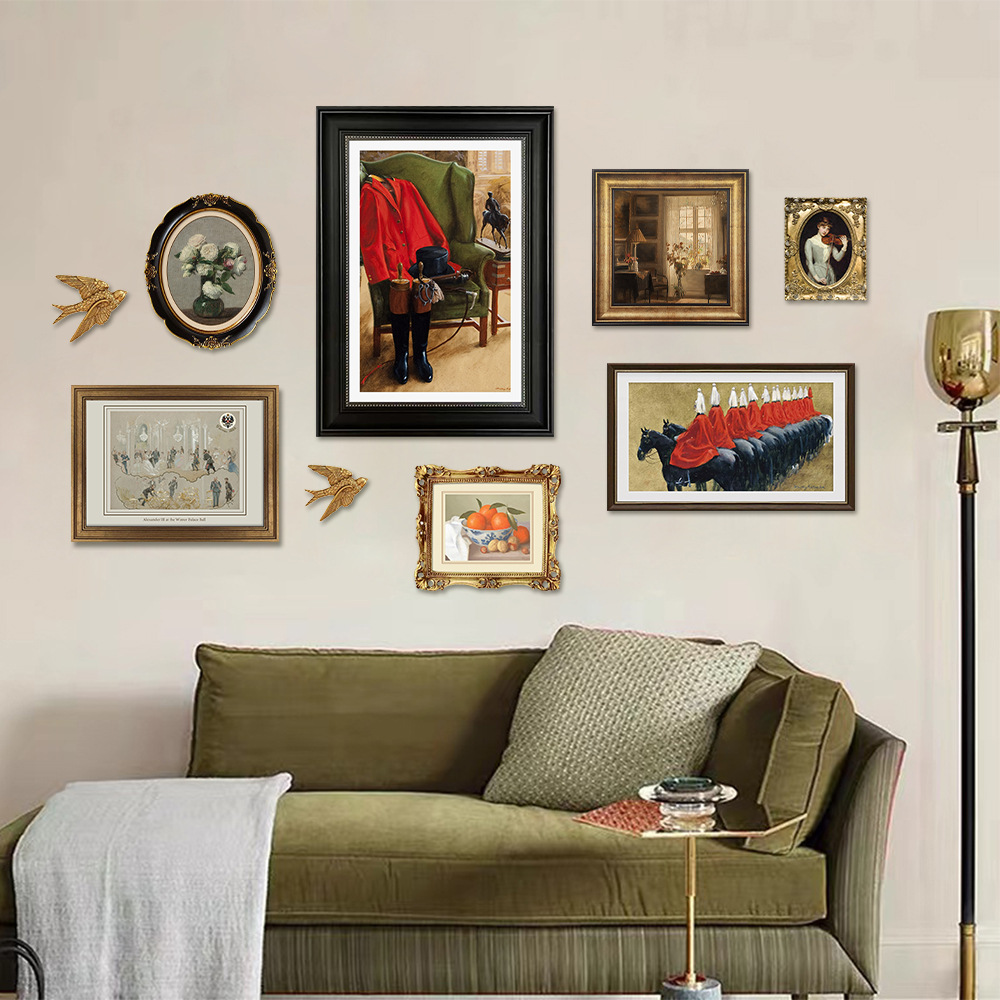 法式轻奢复古小众客厅装饰画美式沙发背景墙挂画欧式马术组合壁画图片