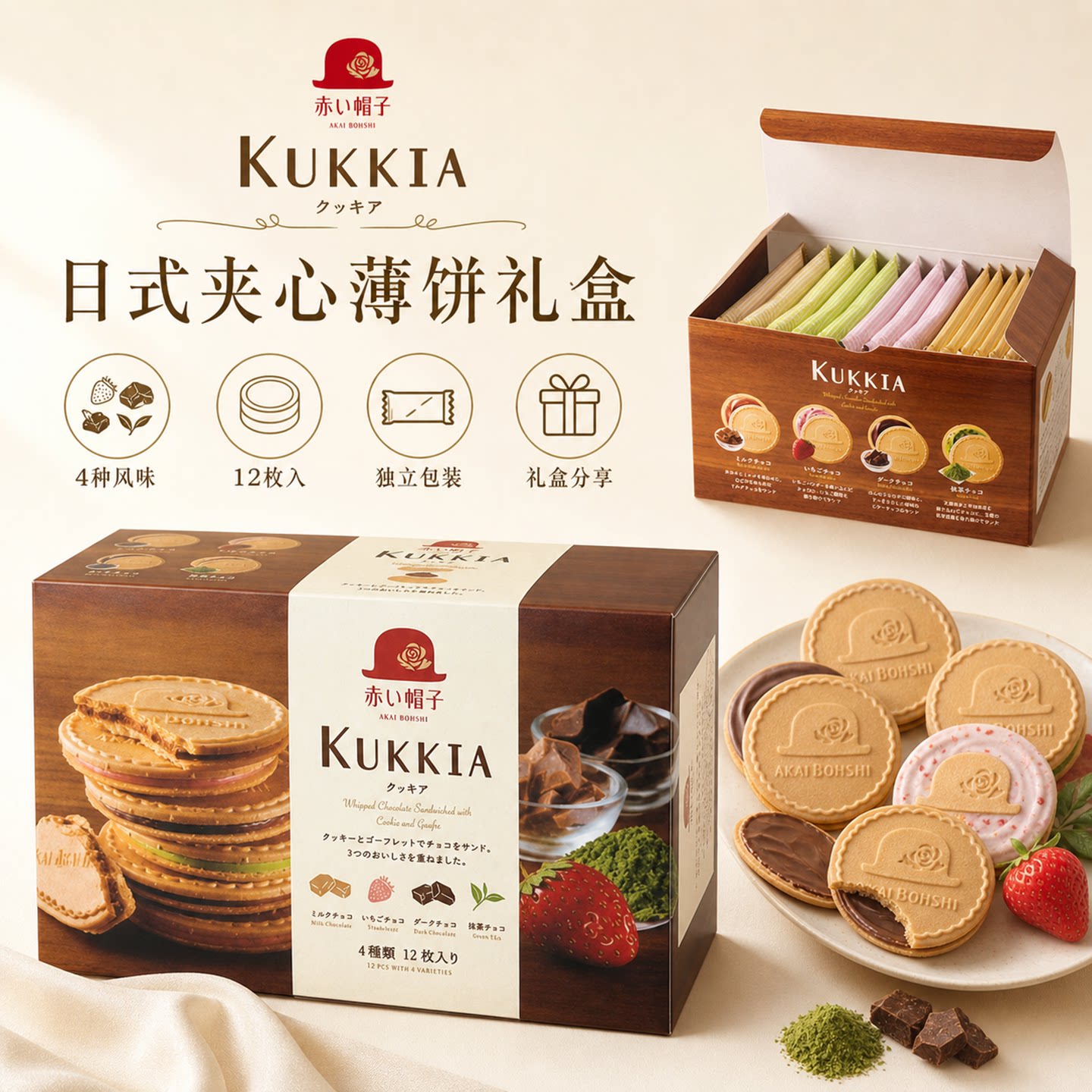 日本进口红帽子夹心饼干草莓味巧克力味盒装独立包装办公休闲食品
