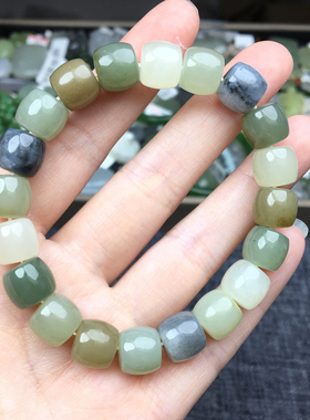 天然和田玉手串 老型桶珠多宝手链 男女款单圈多色玉石手饰带证书