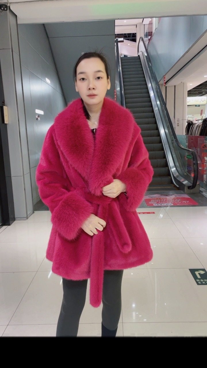仿水貂环保皮草外套大狐狸毛领腰带款女中长款时尚皮毛一体欧貂