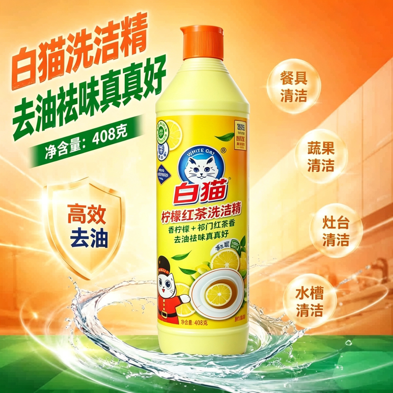 白猫柠檬红茶洗洁精500g去油去污洁净餐具食品级洗洁精家用小瓶装