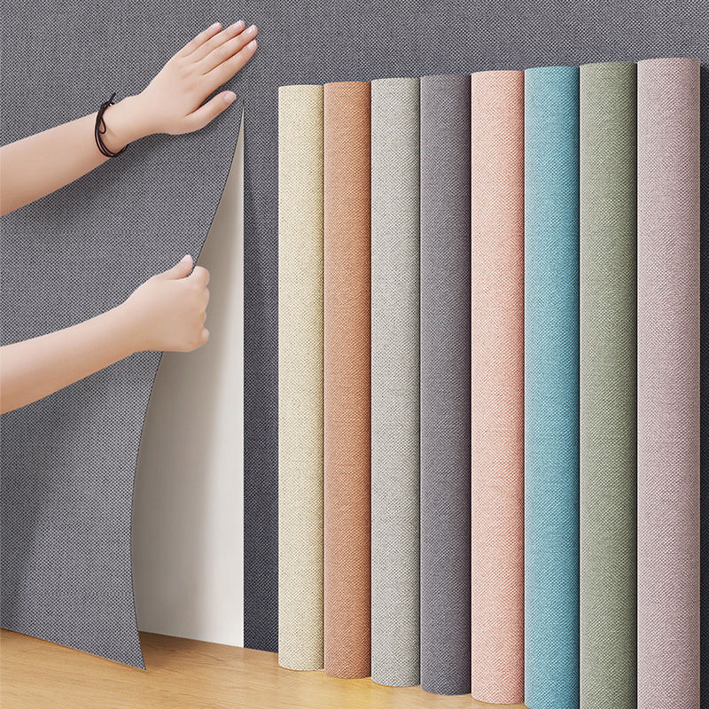 自粘亚麻布10米墙纸卧室客厅装饰贴纸防水贴房间壁纸酒店旅馆翻新