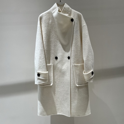时尚风立领叠襟双排扣毛呢大衣女