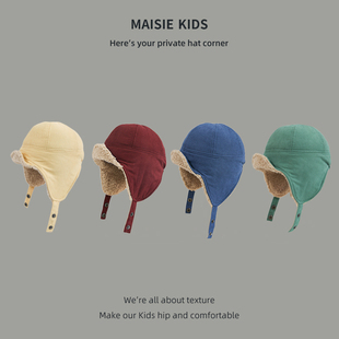 儿童雷锋帽男孩飞行员帽女童复古灯芯绒秋冬护耳羊羔绒冬季保暖潮