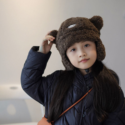 儿童加厚保暖毛绒小熊帽护耳护脖