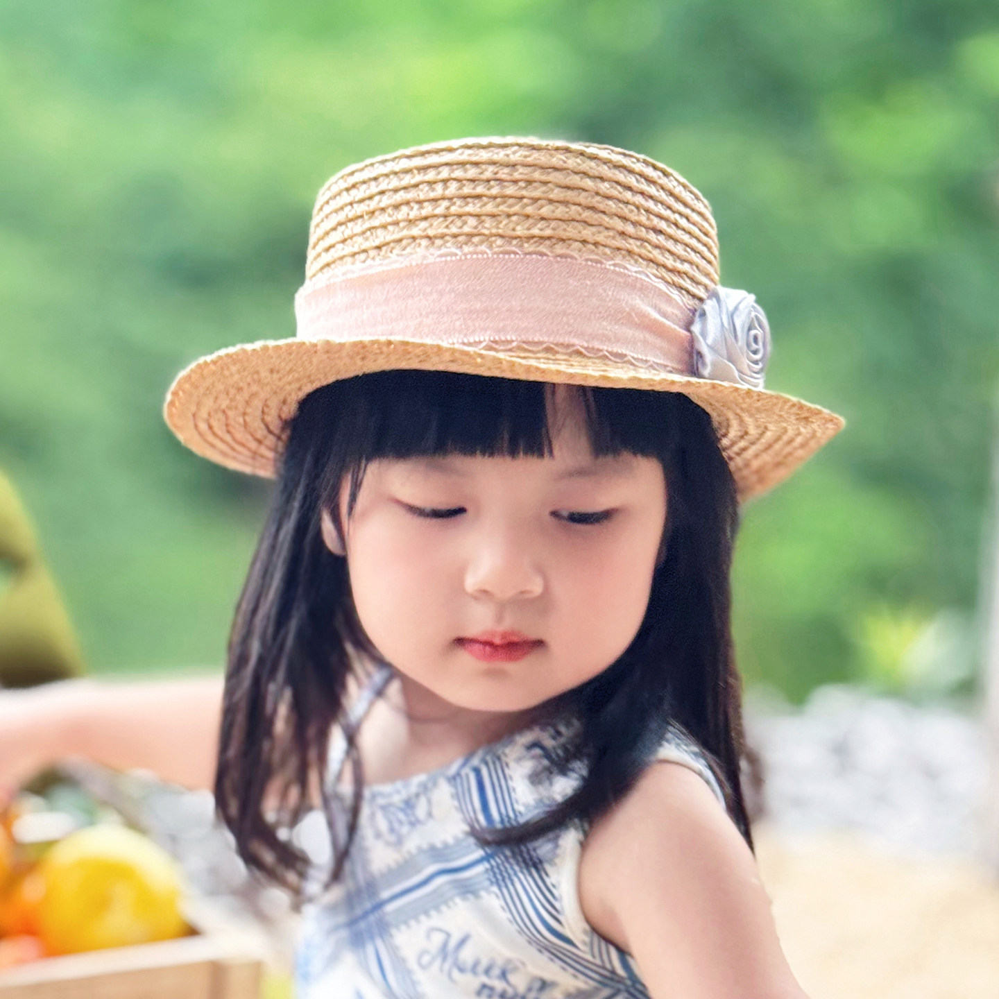 法式女童拉菲草帽宝宝平顶夏季防晒遮阳度假礼帽花朵儿童太阳帽子