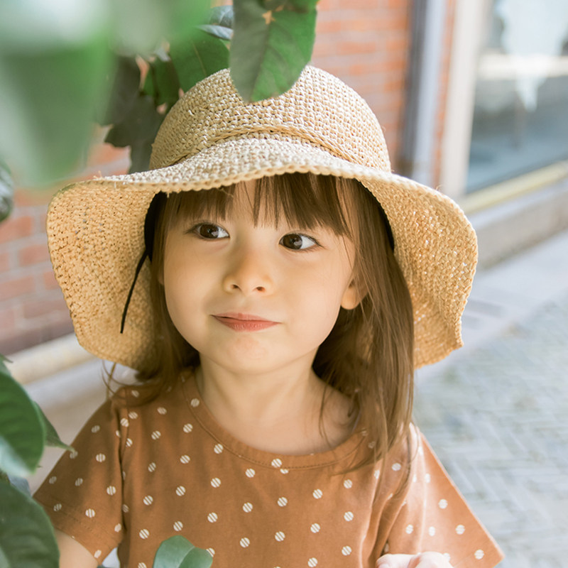 2026 拉菲草帽儿童防晒帽女童遮阳帽夏季沙滩帽大檐渔夫帽 可折叠