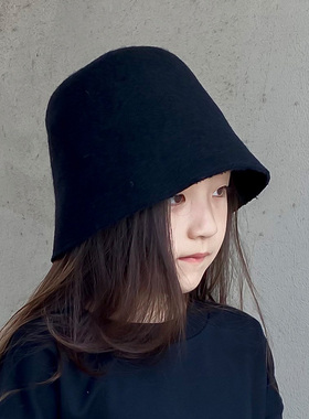 儿童帽子女童渔夫帽秋冬黑色水桶帽钟型帽逛街羊毛呢盆帽亲子4-10