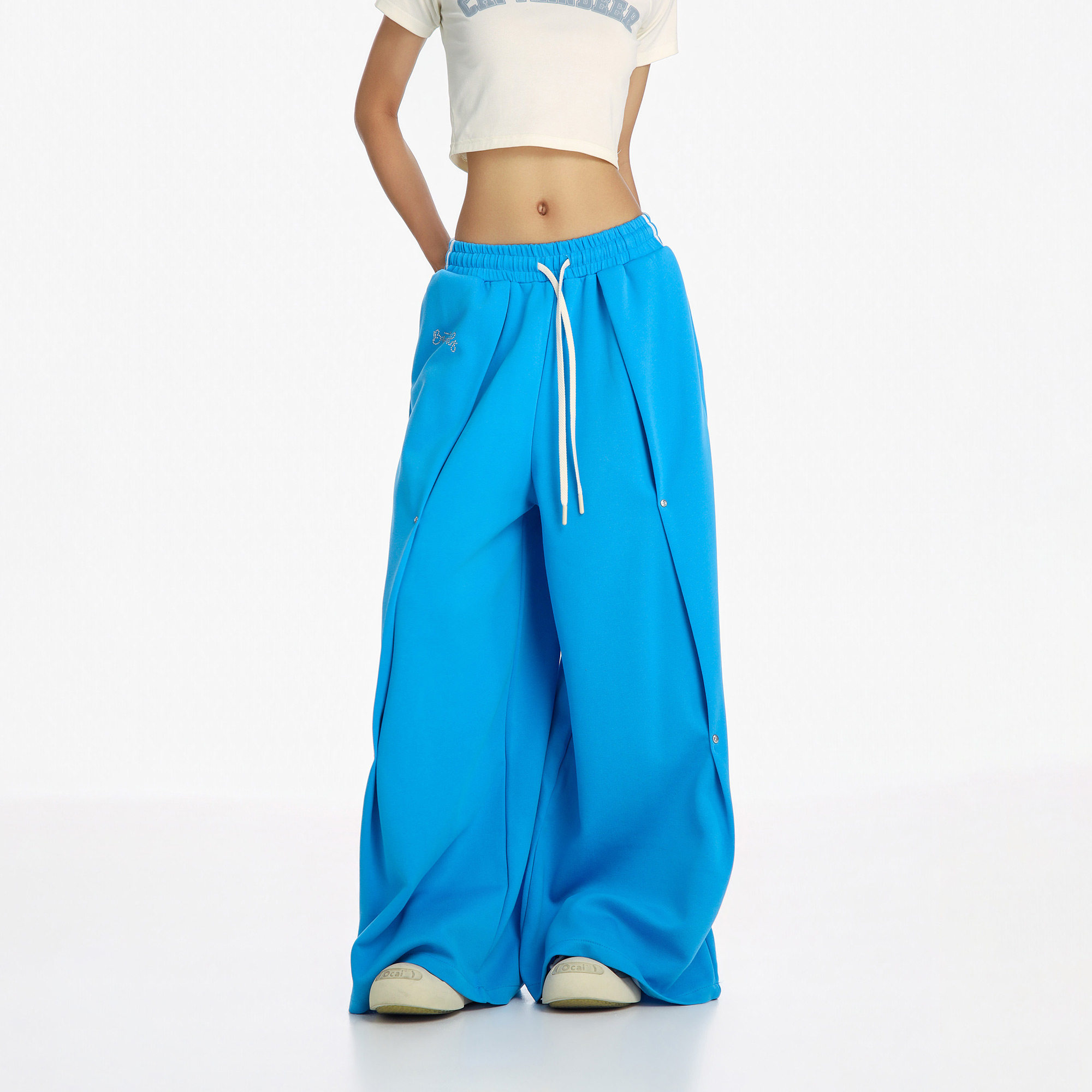 CTB啤酒队长蓝色运动风铆钉撞色抽绳阔腿裤女宽松百搭情侣休闲裤