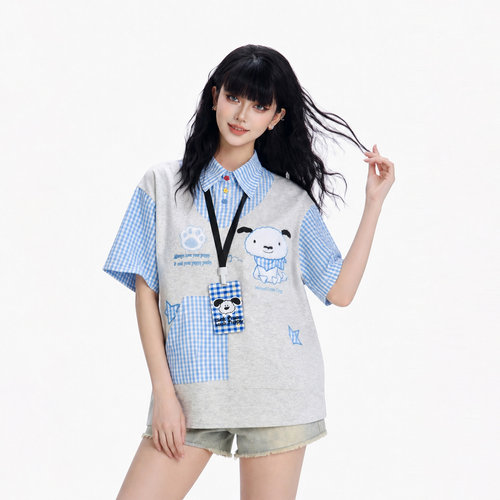 温柔假两件格子拼接短袖T恤女