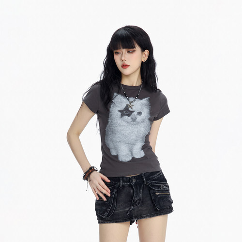 CTB啤酒队长猫咪印花短袖T恤女夏季美式修身显瘦百搭辣妹正肩上衣