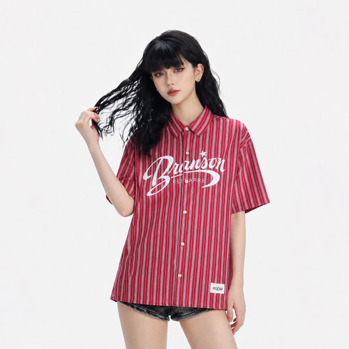 CTB啤酒队长 美式复古字母印花短袖衬衫女中性风街头宽松半袖开衫