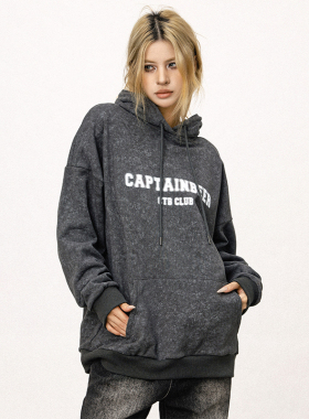 CTBCaptainbeer美式斑驳字母外套复古水洗灰色卫衣女秋冬宽松上衣