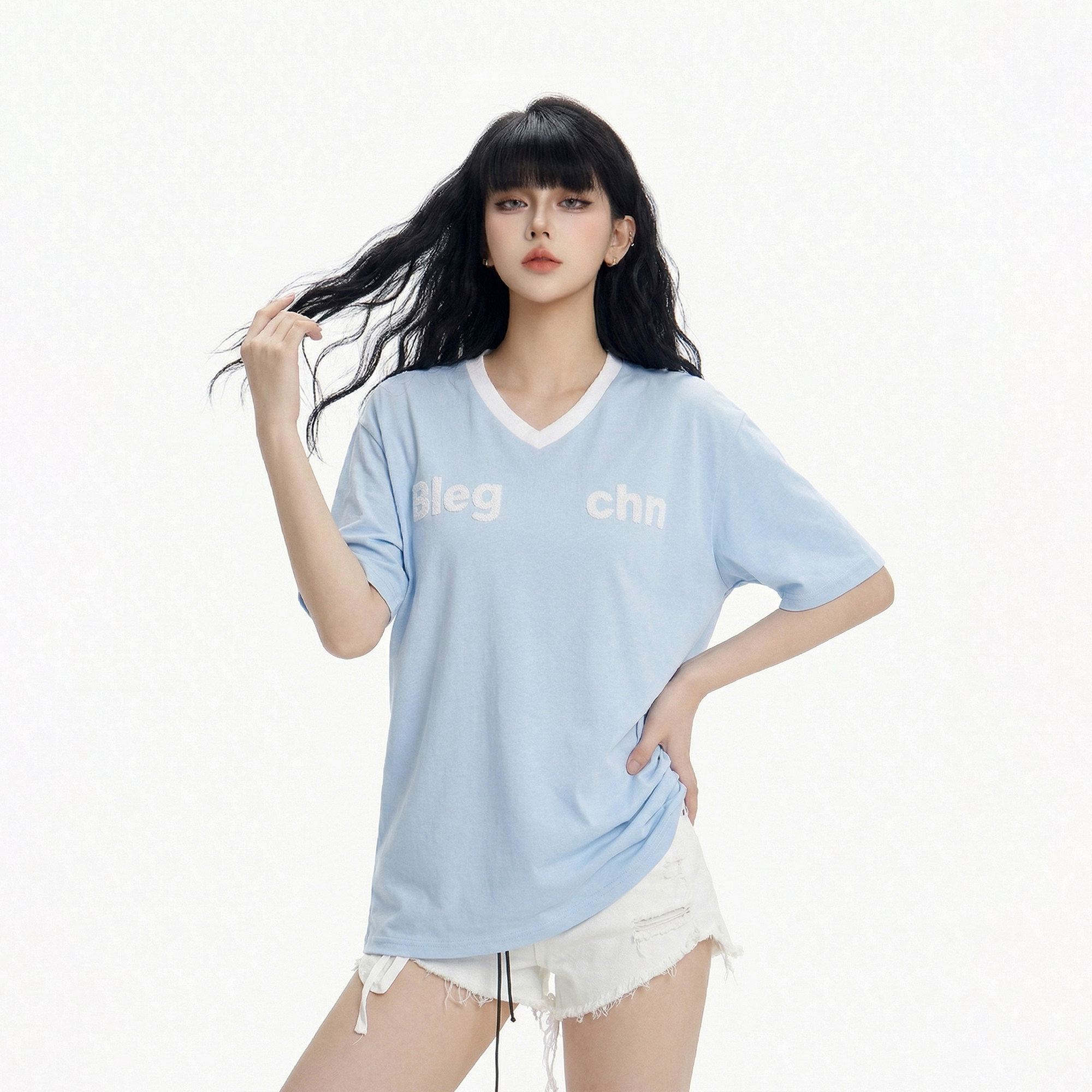 CTB啤酒队长夏季新款美式慵懒风印花撞色拼接V领宽松短袖女T恤潮