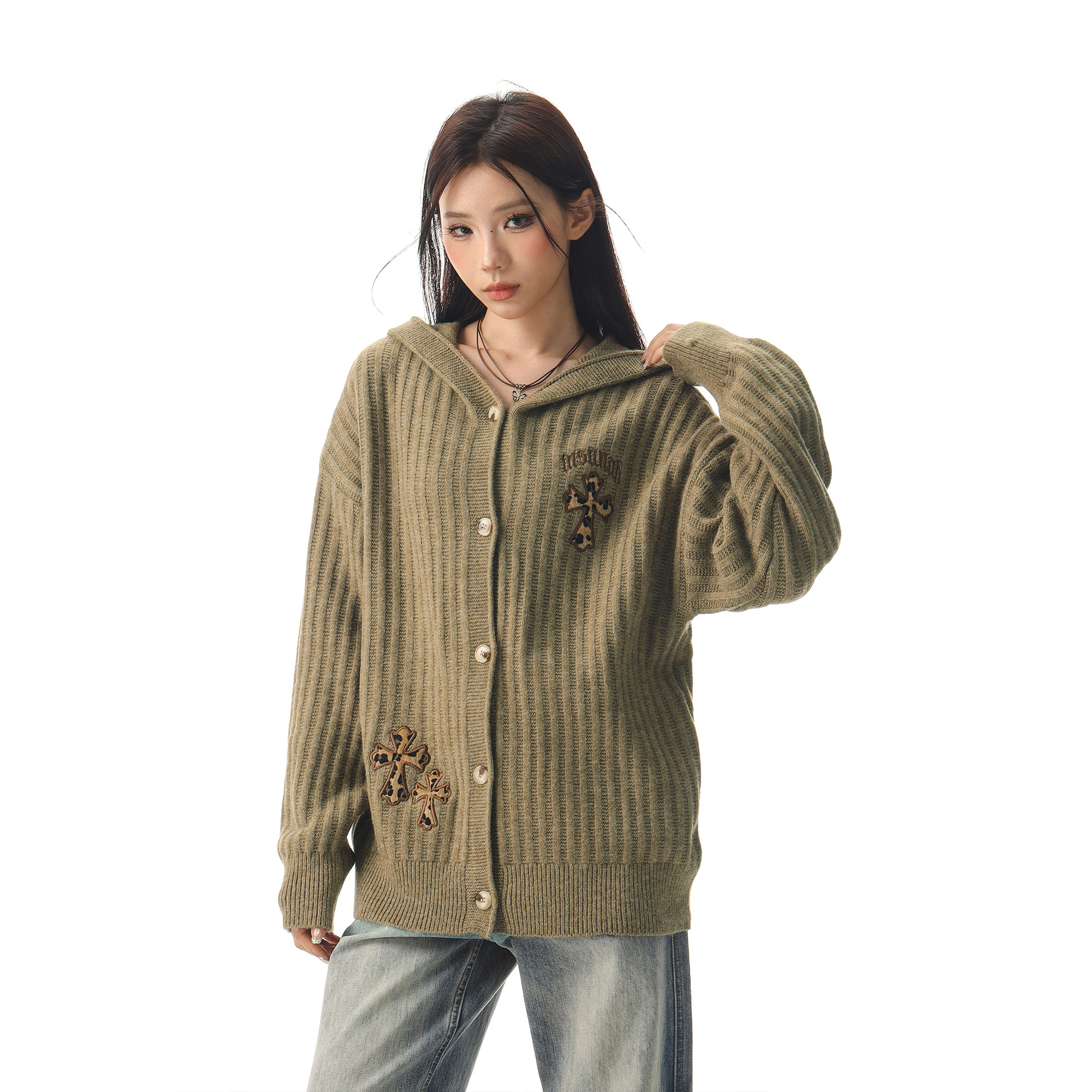 CTB啤酒队长 秋冬美式豹纹十字架刺绣连帽毛衣女慵懒感宽松针织衫