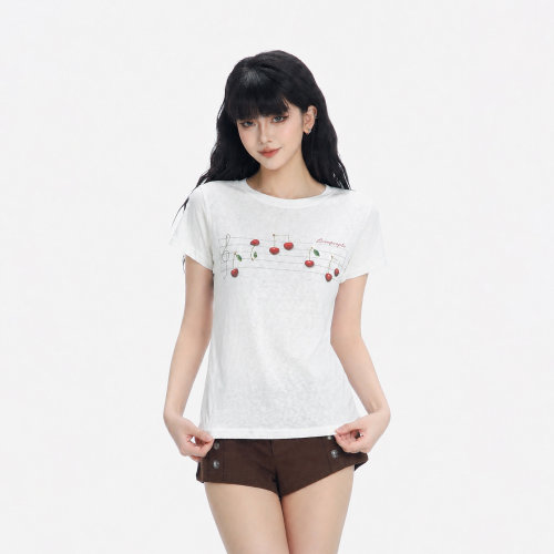 CTB啤酒队长 美式樱桃乐谱印花短袖T恤女复古温柔风修身显瘦上衣
