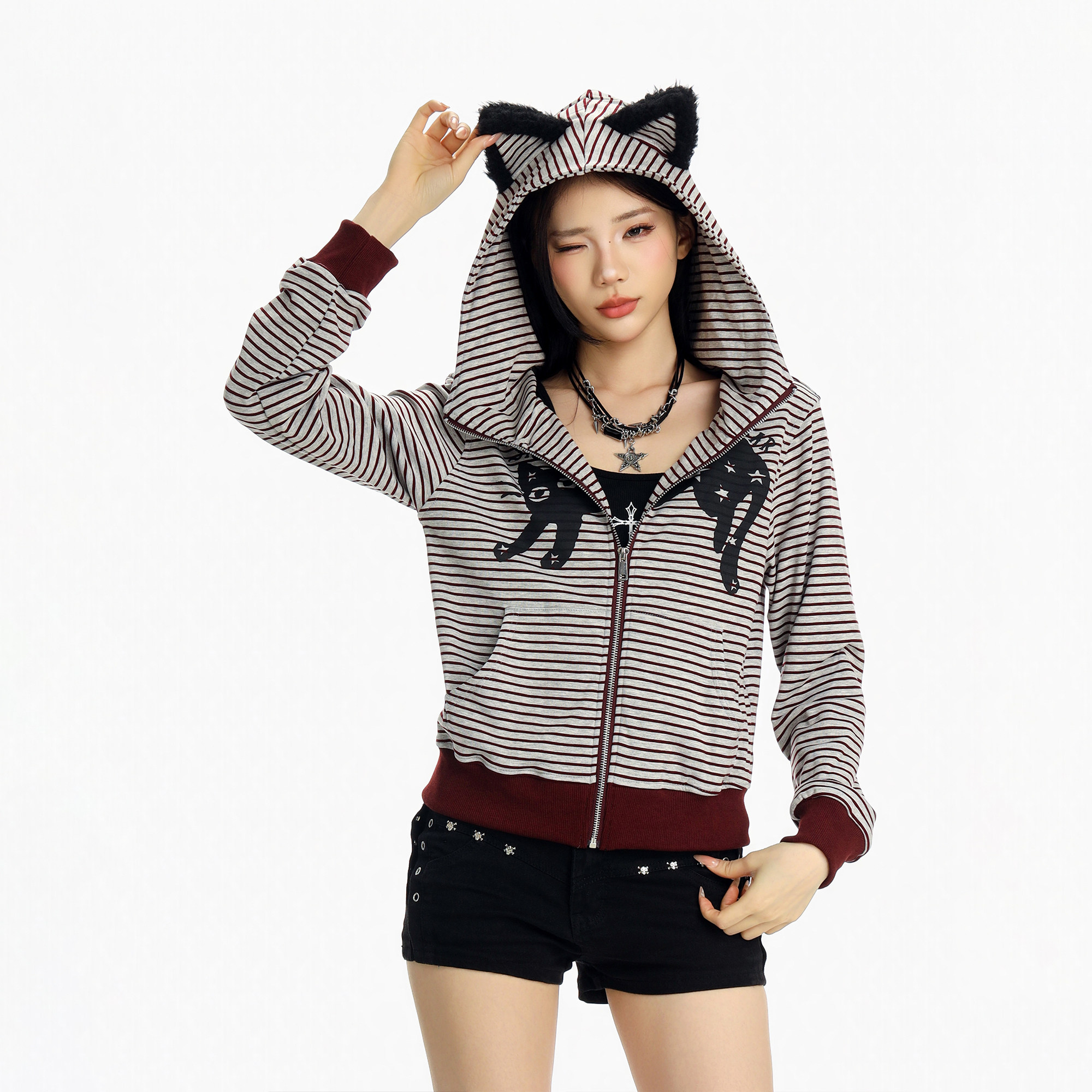 CTB啤酒队长2026春款美式复古甜妹小猫印花拼接条纹连帽开衫卫衣