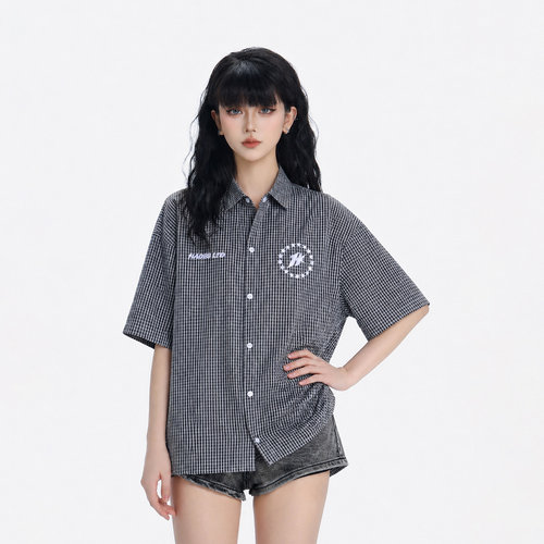 美式复古格纹短袖衬衫女宽松