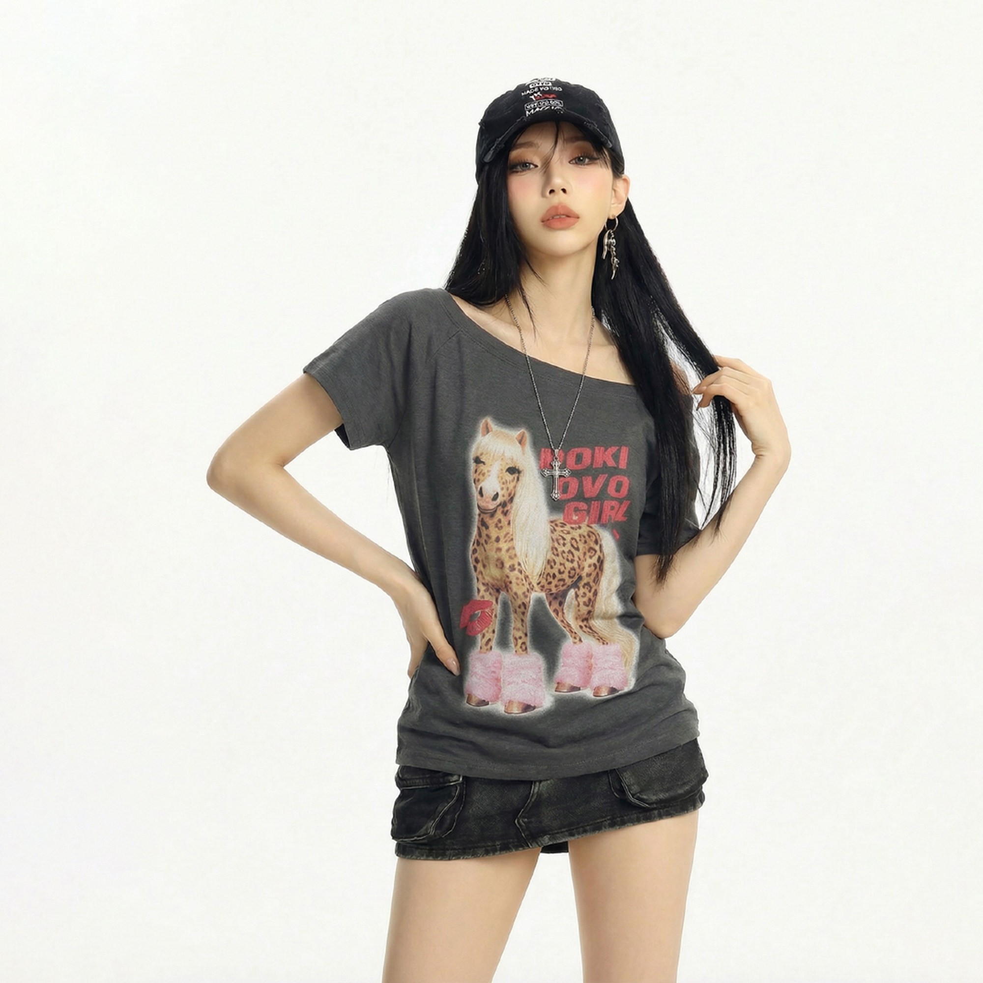 CTB啤酒队长夏季新款美式复古辣妹趣味马年印花斜肩短袖上衣女潮