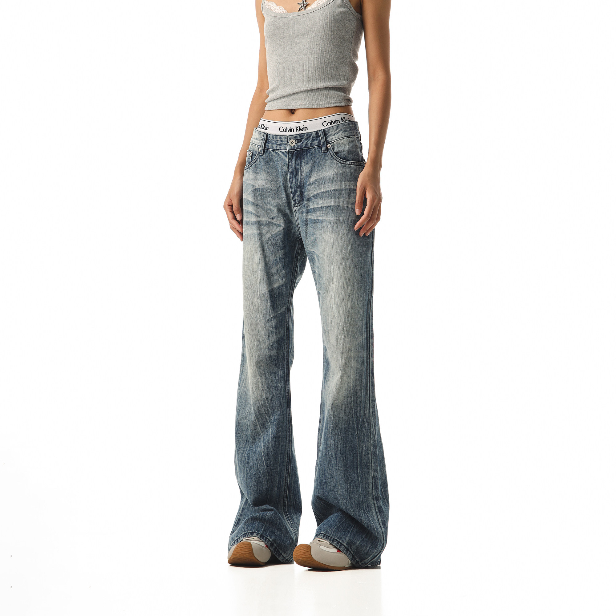 CTB啤酒队长美式水洗猫须做旧电纹牛仔裤女宽松cleanfit微喇长裤