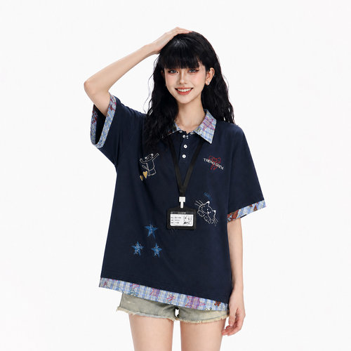 美式学院风格子拼接假两件POLO衫