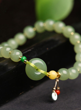 天然新疆鸭蛋青和田玉手串女DIY手工搭蜜蜡平安扣玉石单圈手链女