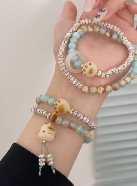 2024新款寿山石双圈手链女新中式星月菩提可爱炭烤菩提根手串礼物