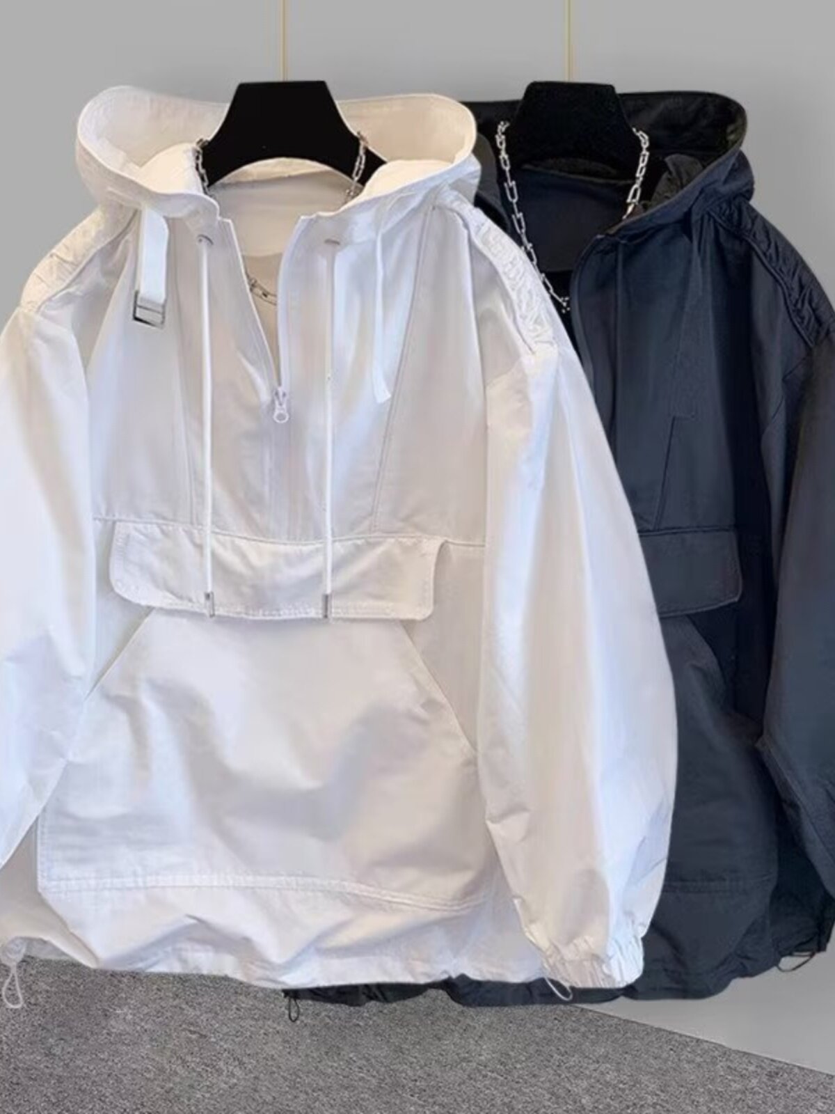 TRENDY BRAND BIG POCKET CARGO HALF ZIPPER HOODED PULLOVER SWEATSHIRT JACKET MENS NEW TREND LOOSE JACKET WINDBREAKER