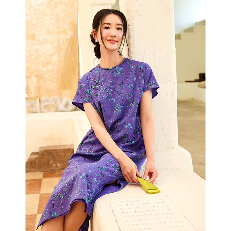 中式文藝碎花圓領短袖改良旗袍裙
