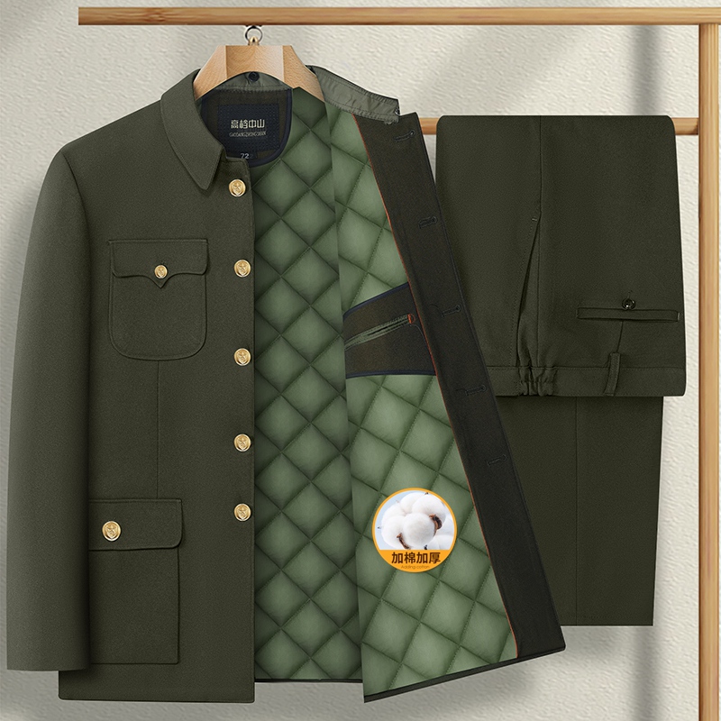 鼎鼎红加棉军绿中山装套装中山服