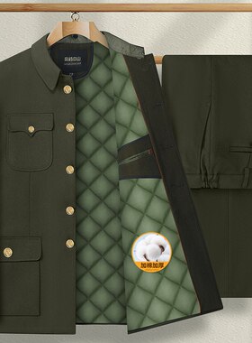 鼎鼎红加棉军绿中山装套装中山服