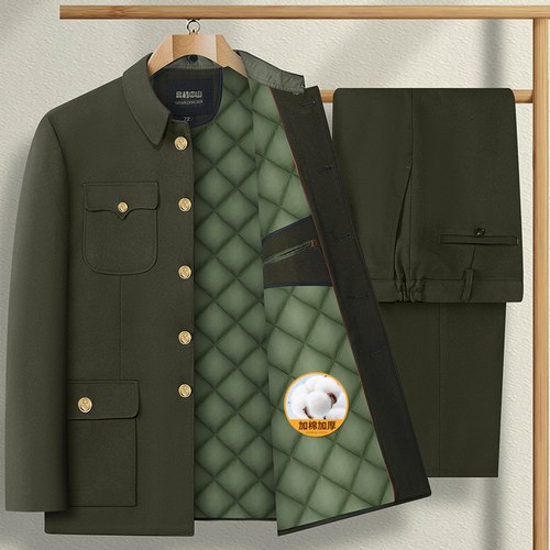 鼎鼎红加棉军绿中山装套装中山服