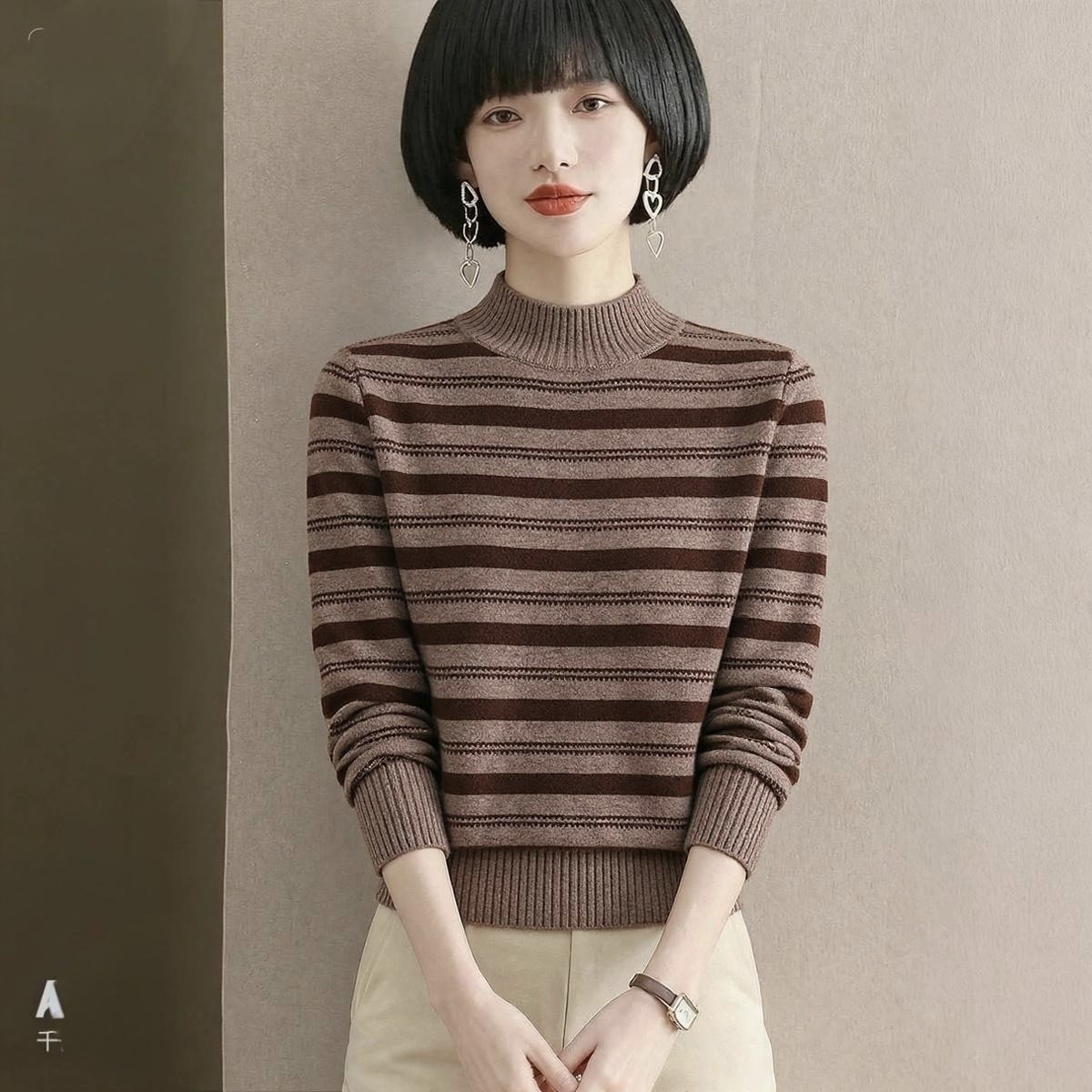 秋冬条纹半高领保暖打底毛衣女