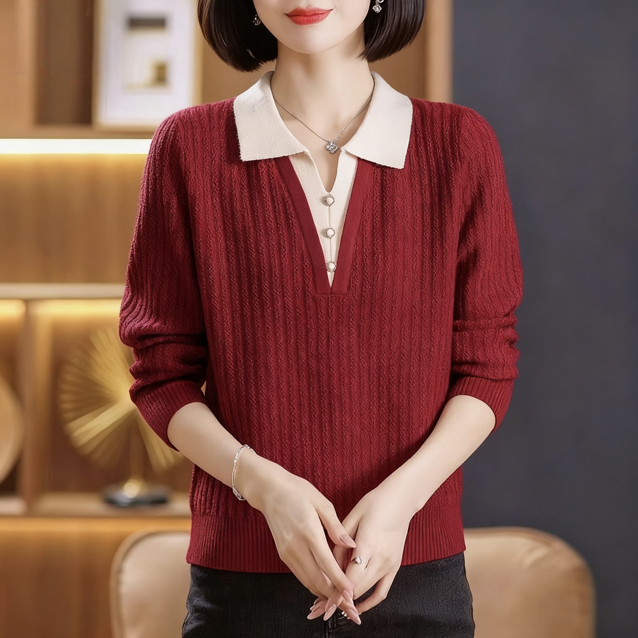 秋冬翻领假两件中年妈妈装毛衣