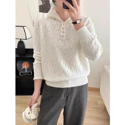 2025年春夏新款蕾丝针织打底衫内搭叠穿洋气提花连帽衫毛衣上衣女