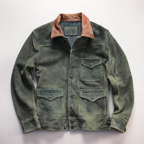 复刻RL三兜反绒头层牛皮外套复古翻领修身短款皮夹克男真皮皮衣