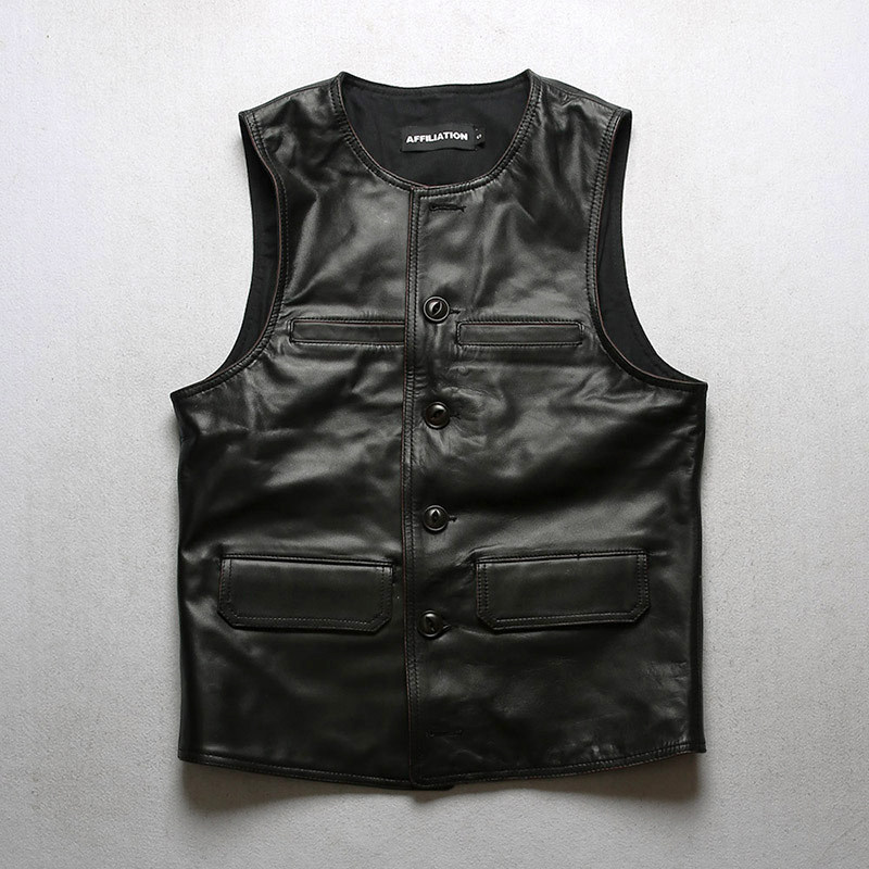 复古纽扣皮马甲 休闲圆领修身真皮马甲男 磨边做旧茶芯马皮背心