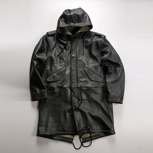 美式 绵羊皮外套宽松休闲军旅真皮大衣 M51皮衣鱼尾风衣连帽中长款