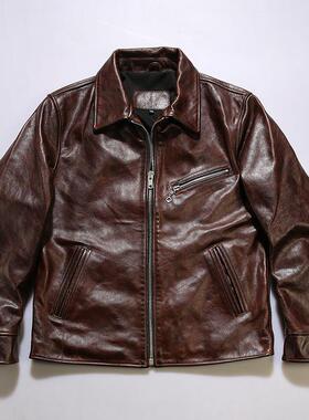 1930S经典皮衣做脏油蜡头层牛皮夹克 翻领修身短款休闲真皮外套男