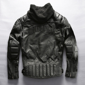 秋冬男式 加厚头层牛皮机车夹克哈雷皮衣 拆卸帽立领短款 真皮外套