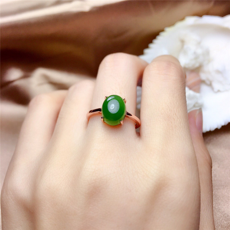 正宗天然和田碧玉活口戒指925纯银镀18k白金玫瑰金菠菜绿色送证书