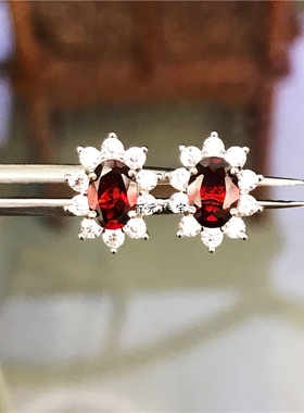 全新红宝石色天然石榴石戴妃款耳钉耳环耳饰女925纯银镀18k金特价