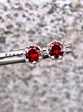厂家直销天然红宝石色石榴石皇冠款s925银镀18k白金耳钉耳环包邮