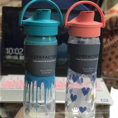 美国购买现货lifefactory 运动盖 花色超粉嫩 硅胶套防摔玻璃杯