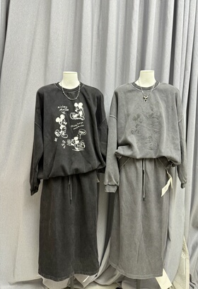 LZHOUSE 做旧款休闲宽松米奇印花卫衣+半裙套装