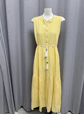 LZHOUSE 新款 宽松格子无袖扣子连衣裙 配腰绳